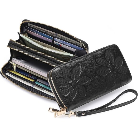 Women Black Leather Wallet Large Capacity Double Zip Ladies Card Phone Holder - Picture 9 of 9